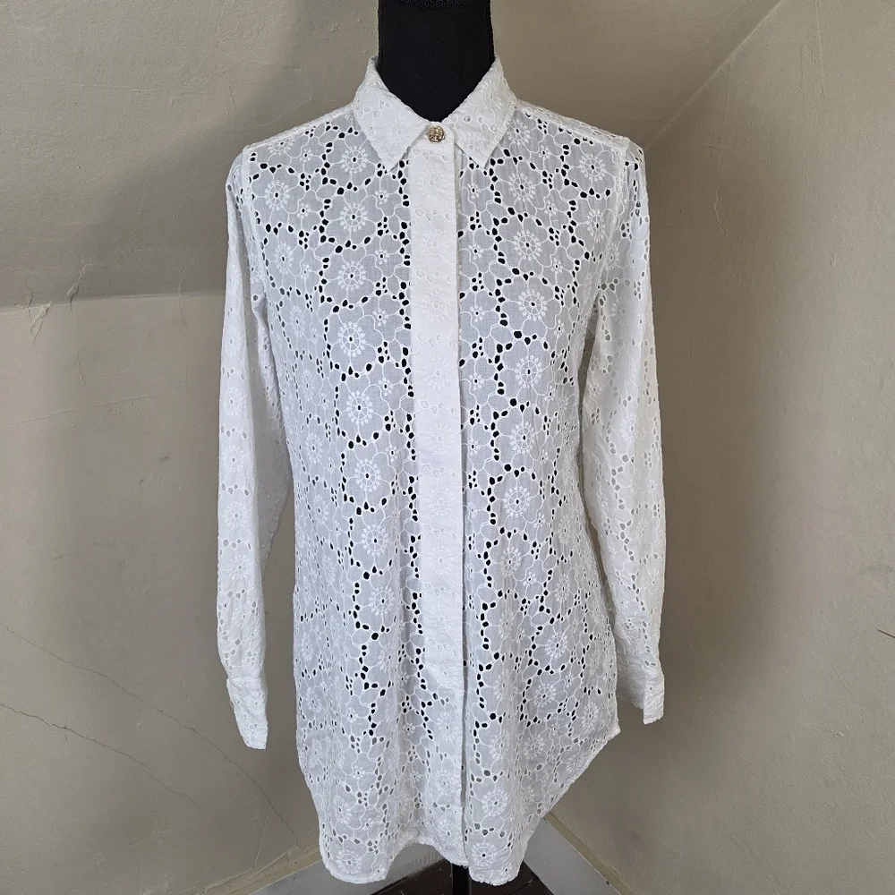 TORY BURCH White Eyelet Cotton‎ Hidden Placket Shirt Size XS